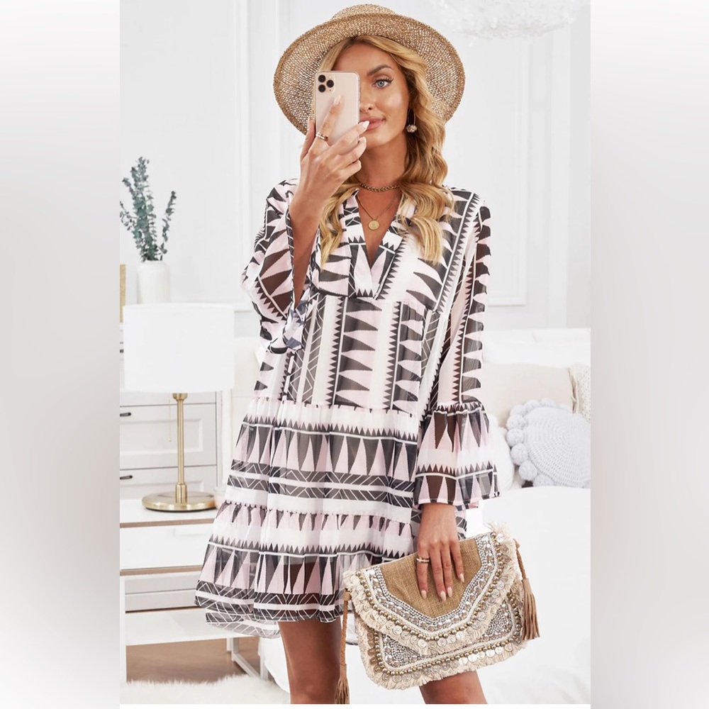 Printed Boho Notched Neck Flared Sleeves Dress